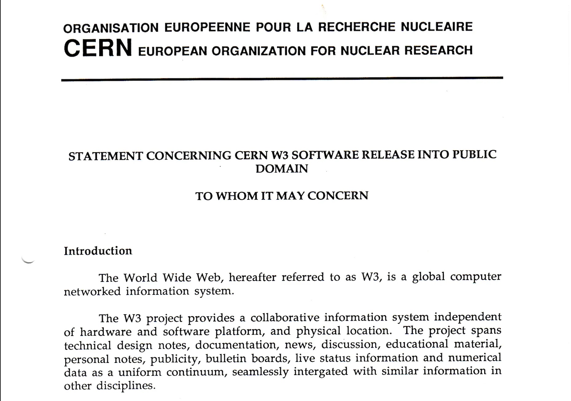 Dokument CERN-a od 30. travnja 1993. kojim se softver weba stavlja u javnu domenu