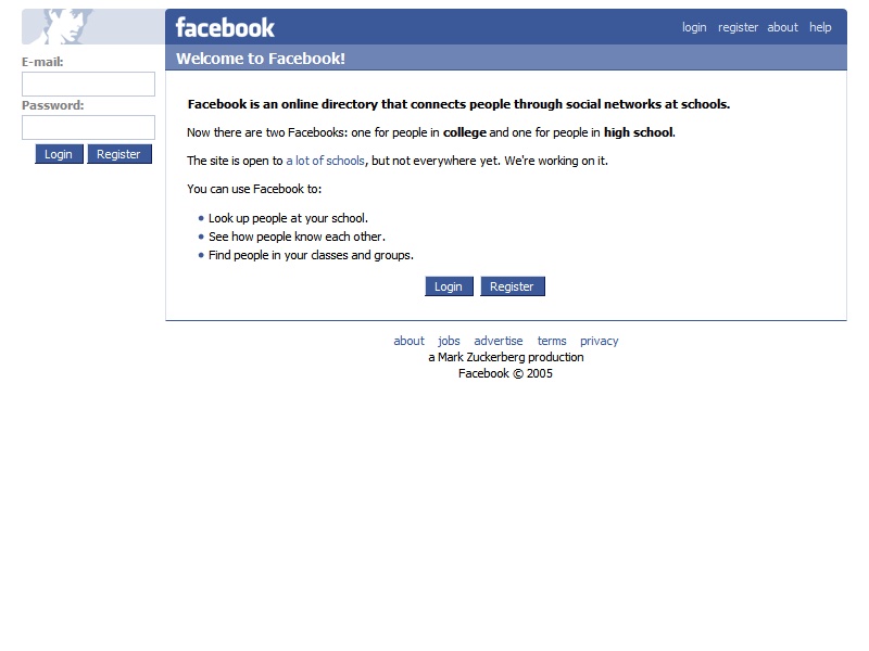 Facebook, naslovnica oko 2005.